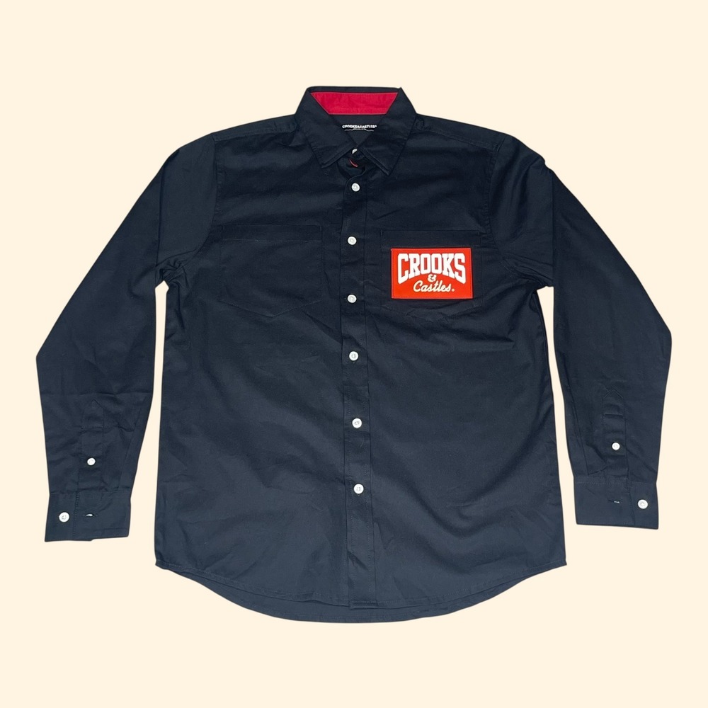 Crooks & Castles Mens Black Long Sleeve Button Down Shirt Red Logo‎ Patch Medium